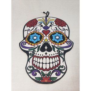 Sugar Skull Wooden Plaque Halloween Day of the Dead Red Heart Flowers Me…